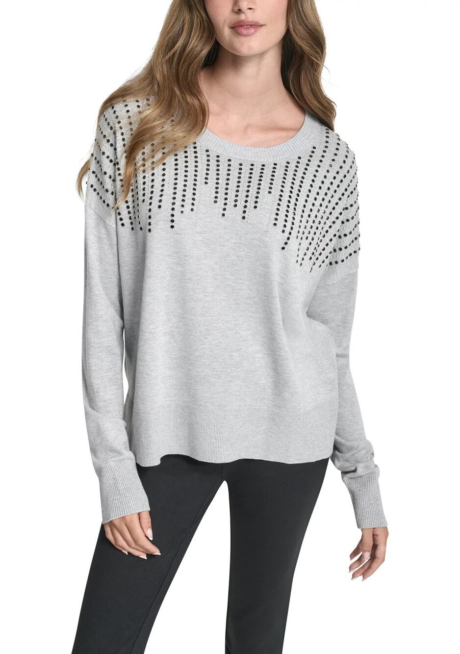 Dkny Sweater Womens M Heather Gray Rhinestone Embellished Dropped Shoulder NWT